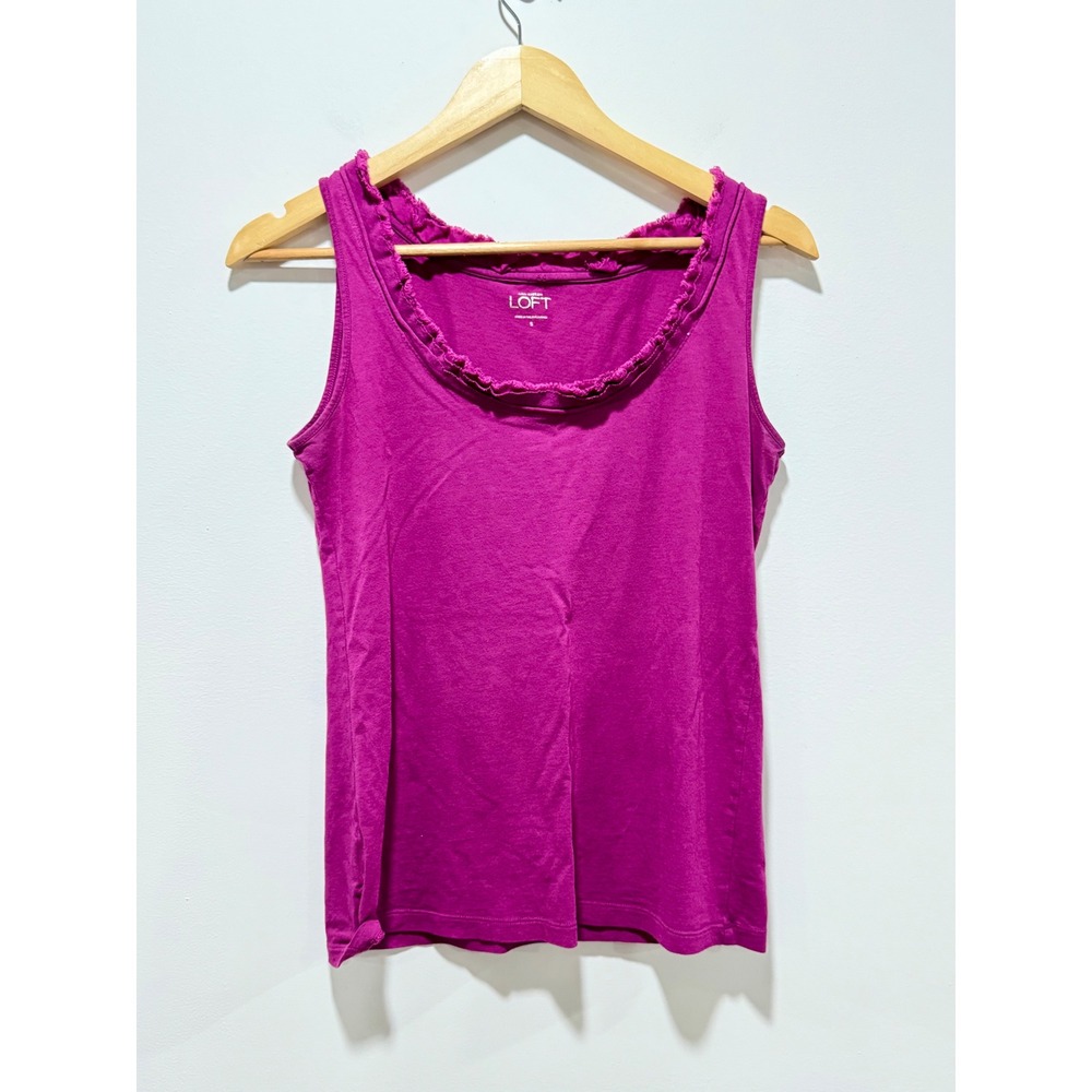 Ann Taylor LOFT Magenta Purple Ruffle Neck Tank Top Small Sleeveless Cotton S